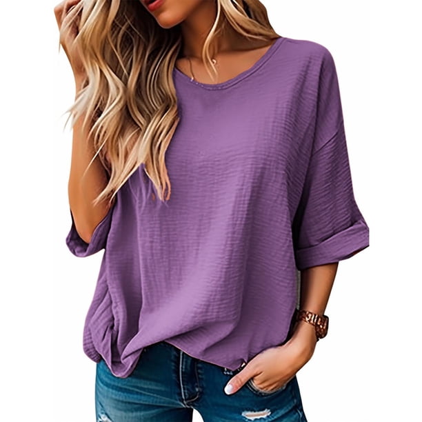 Fiudx Ropa de Mujer Blusas Sueltas Informales para Mujer, Camiseta Lisa con Cuello Redondo y Manga 1/2