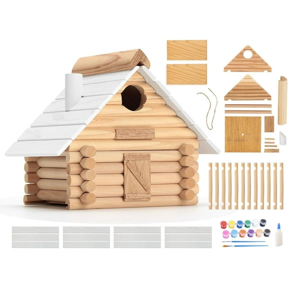 New Premium Wooden Lincolnlog Bird House Kit - Build it Yourself Birdhouse - Birdhouse Kits for Adults to Build - Woodworking Adult Crafts & DIY Bird House