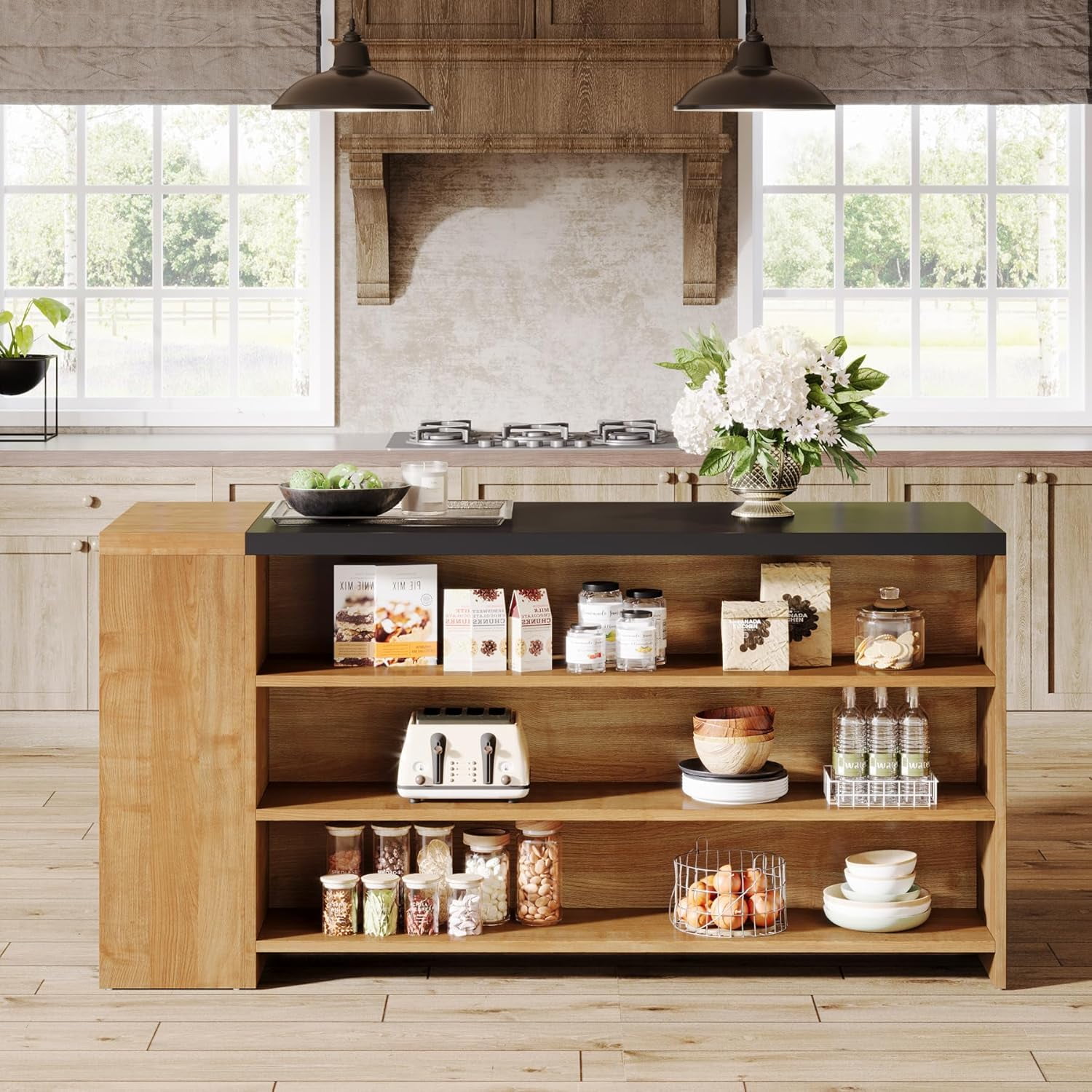 Tribesigns 55" 5-Tier Stationary Kitchen Island with Storage, Farmhouse Coffee Bar Table with Large Countertop, Wood Storage Cabinet for Kitchen - Vintage Brown