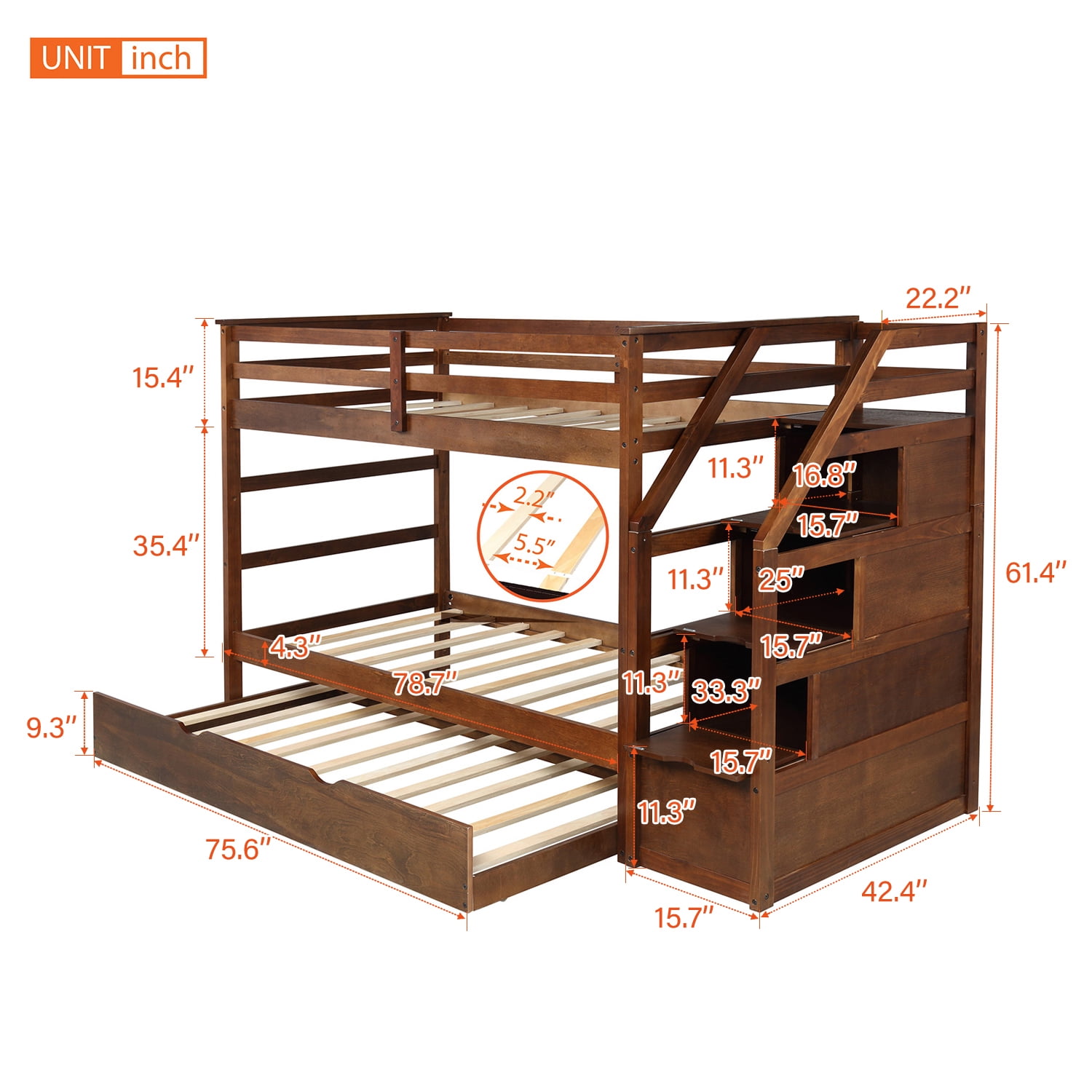 Twin-Over-Twin Bunk Bedd with Twin Size Trundle and 3 Storage Stairs-Walnut
