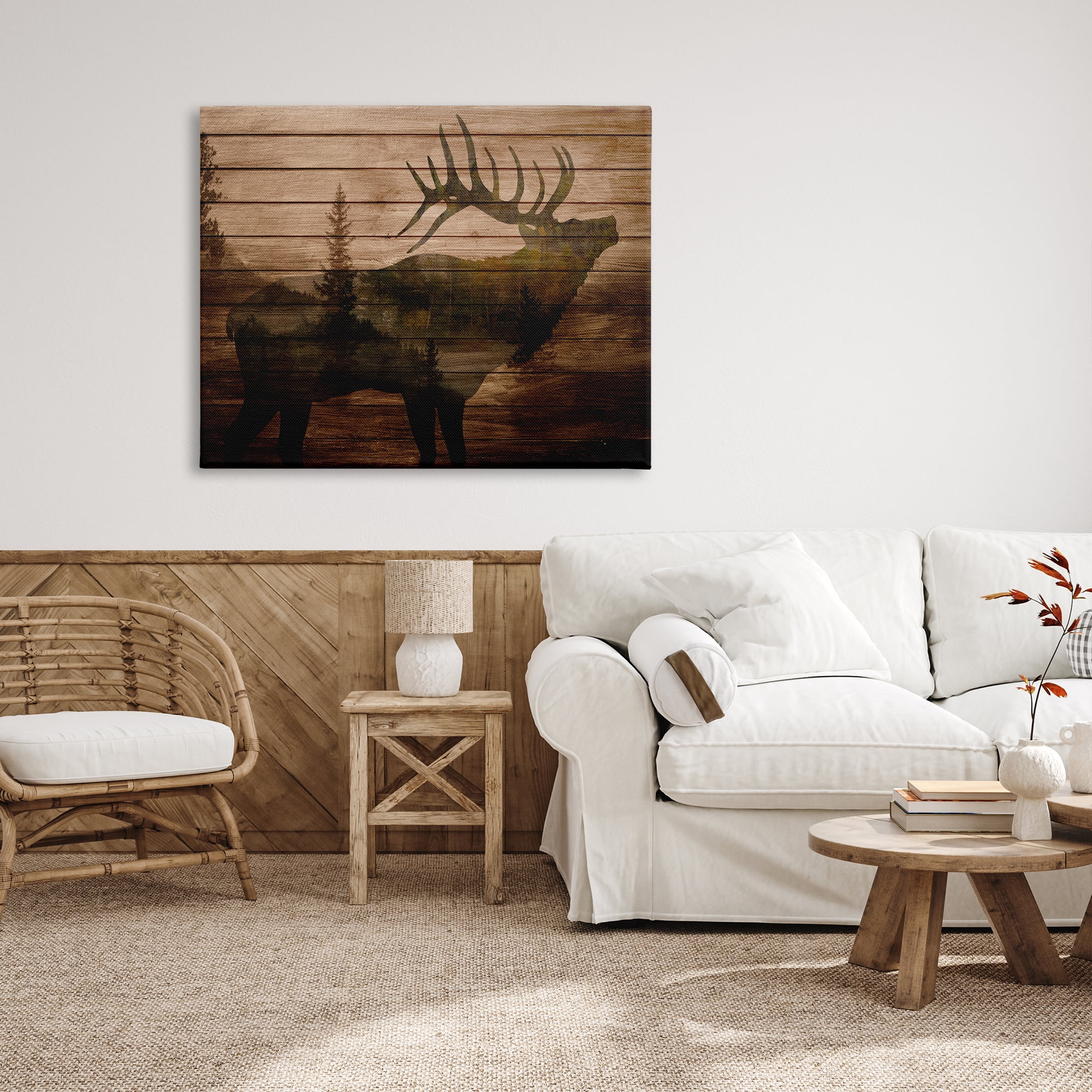 Stupell Indtries Forest Elk Silhouette Rtic Plank Pattern Tree Landscape,48 x 36,Design by Kim Allen