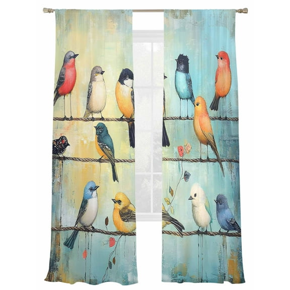 Spring Bird Sheer Curtains 84 Inch Long 2 Panels, Vintage Animal Oil Painting Light Filtering Rod Pocket Semi Sheer Curtains, Sheer Voile Drapes for Living Room Bedroom, 52"x84"