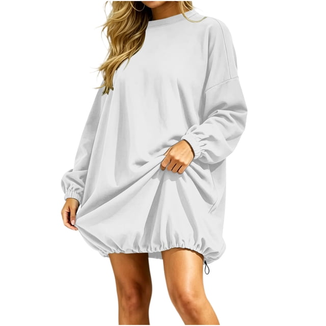 LLYWEY Sudadera Extragrande para Mujer con Cordón en el Dobladillo Suave Ligera Casual de Otoño Color Sólido Cuello Redondo Manga Larga Sudadera de Forro Polar sin Capucha Blanca S