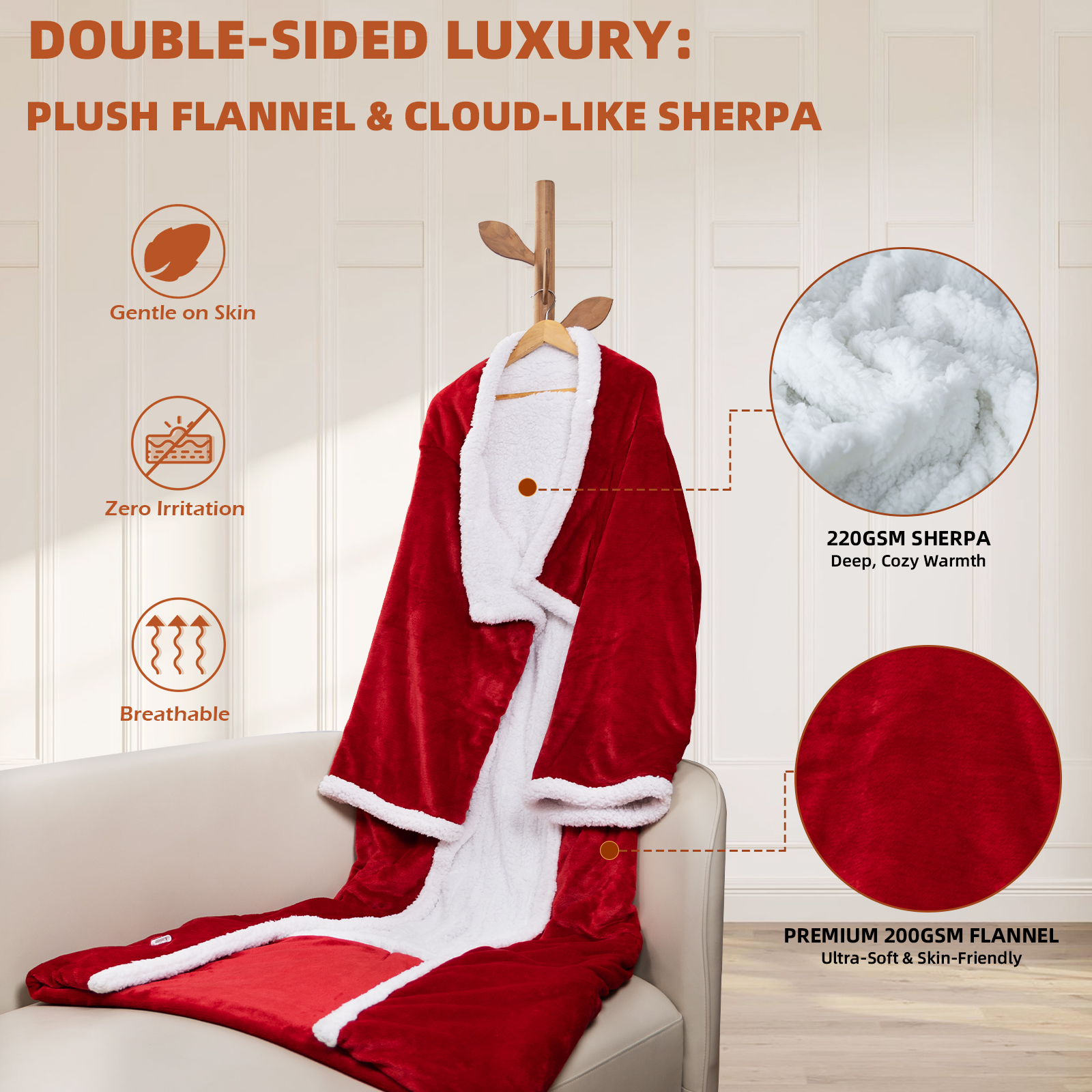 Xinhao Heated Throw Blanket with Sleeves, Wearable Electric Blanket with Foot Pocket, 6 Adjustable Heat Settings, 70 * 50", Cozy Flannel and Sherpa, Wine Red