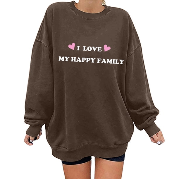 Gibobby Temperamento Pullover Top Moda de mujer Ocio Palabras de amor Impresión de amor Cuello redondo Manga larga Top suelto Suéter sin sombrero 8 (Marrón, L)
