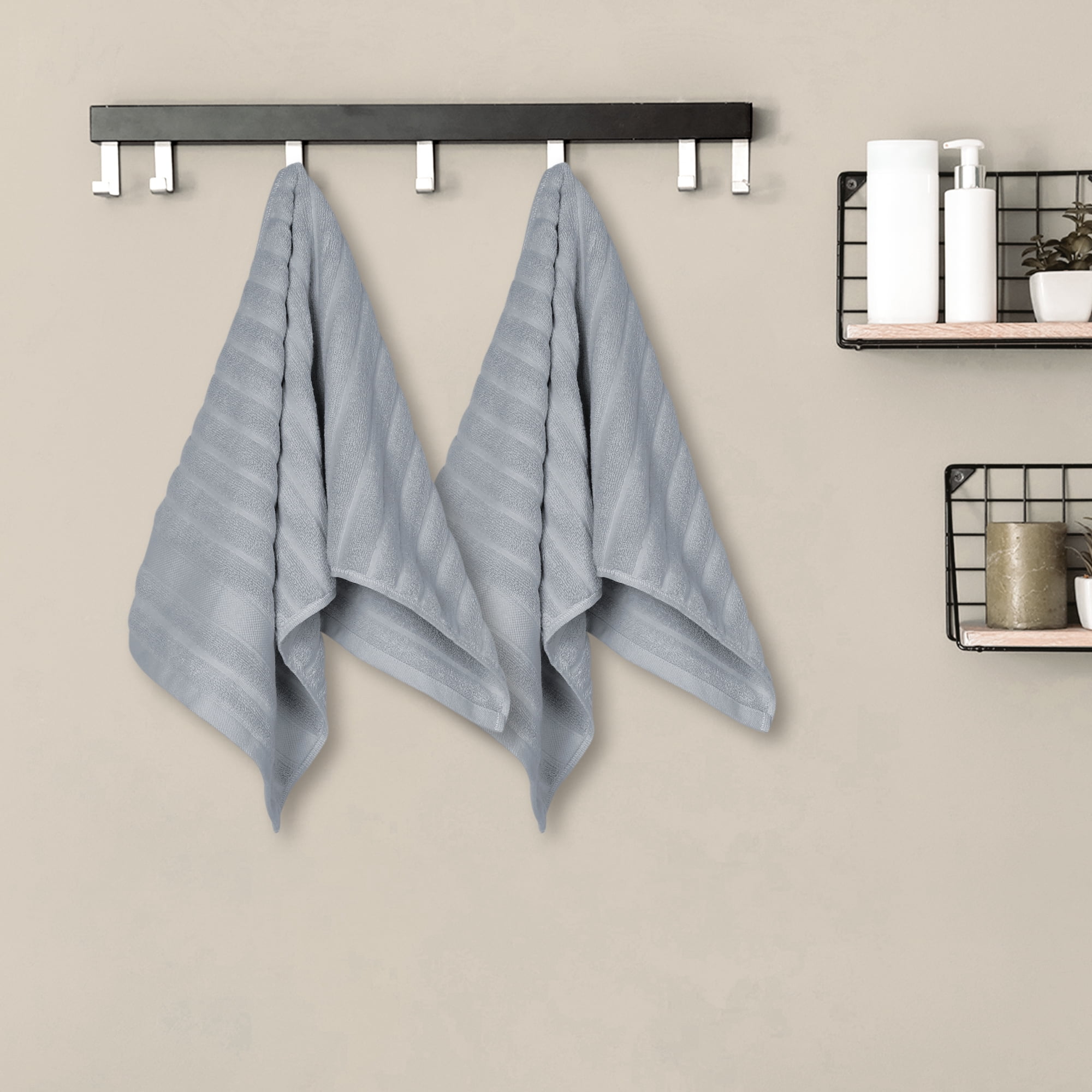 Unique Bargains Striped Cotton Hand Towel 14" x 30" 4 Pcs Grey/Navy Blue