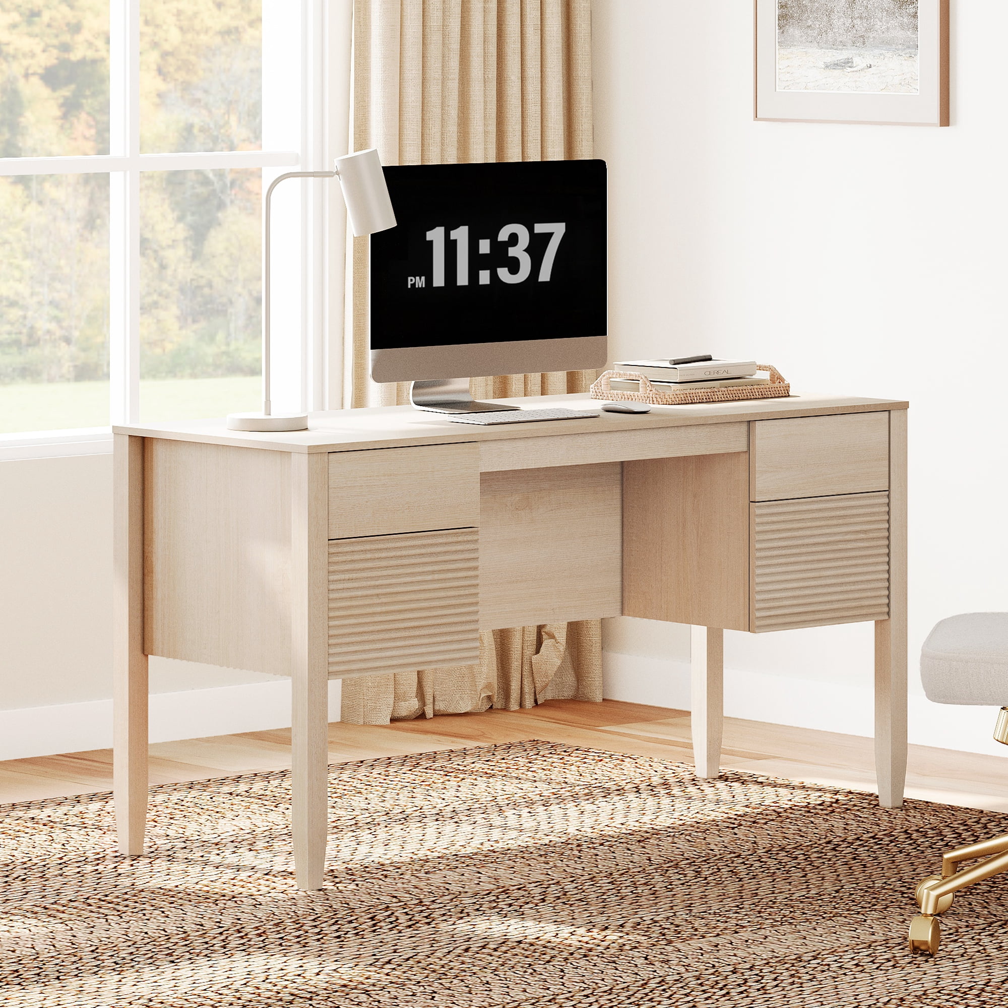 58Inch Fluted Executive Desk with Power Outlet and Doors, Modern Computer Writing Desks with Rear Storage Compartment Design, Home Office Desk with Drawers For Work And Study