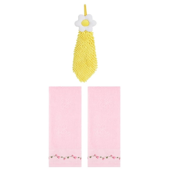 Unique Bargains 3 Pcs Floral Soft Hand Towels Pink/Yellow 13" x 29"/6" x 15"