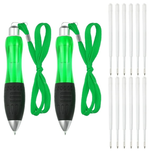 2 Pcs Uxcell Big Fat Pens, Green Heavy Weighted Ballpoint Pen Retractable Wide Grip Thick Pen with Strap for Hand Tremors Elderly Handicap(6 Black Refills   6 Blue Refills)