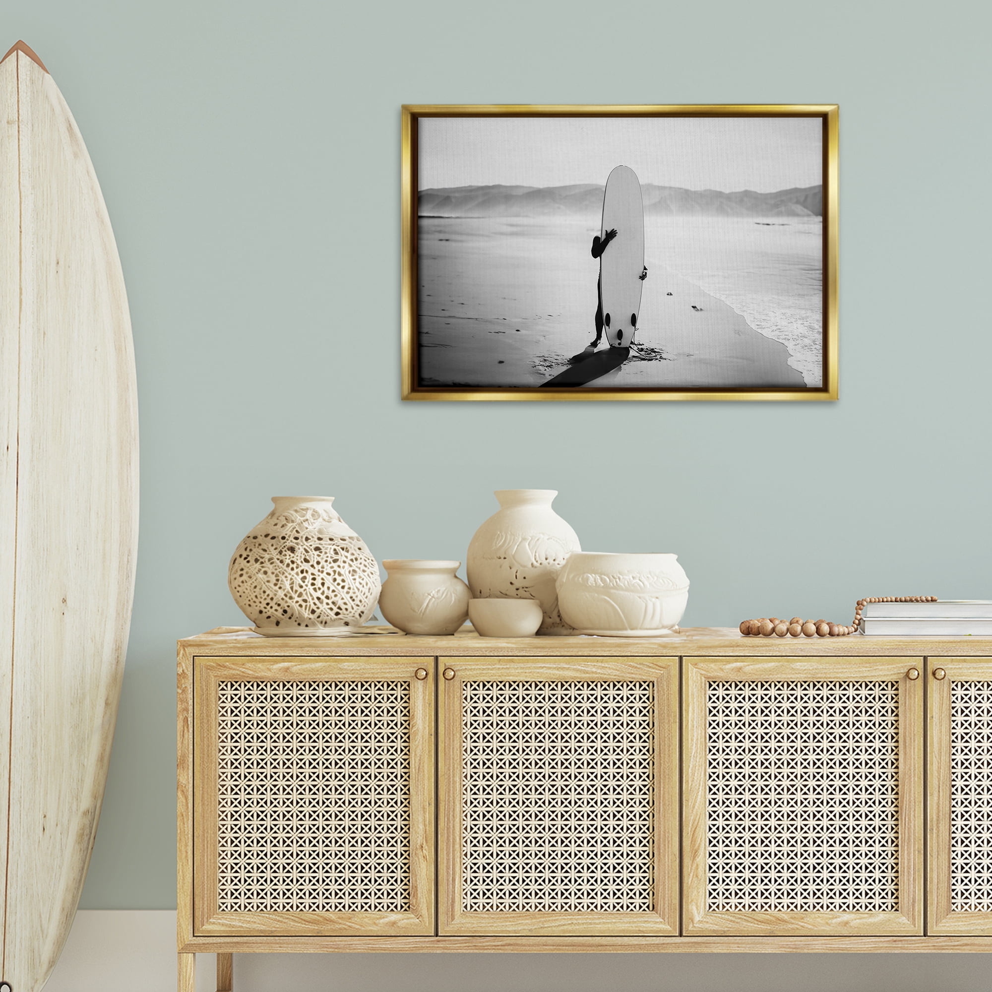 Stupell Industries Hiding with Surfboard Sports Photography Gold Floater Framed Canvas Art Print Wall Art, 31 x 21