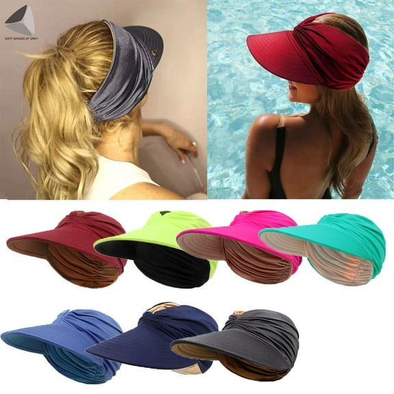 PULLIMORE Womens Sun Visor Summer Cap Wide Brim UV Protection Ponytail Hat Hollow Top Beach Hats (Navy Blue)