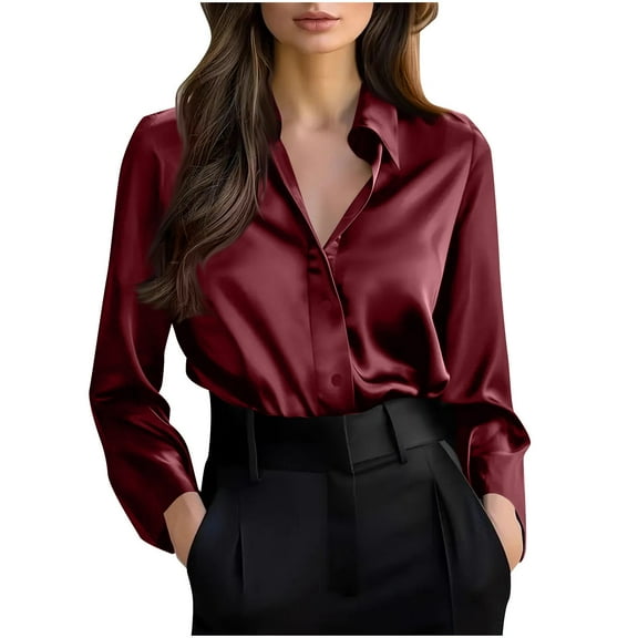 Lenpel Button down Shirts for Women Trendy Long Sleeve Collared Solid Color Business Casual Tops Loose Work Blouses(Wine,X-Large)