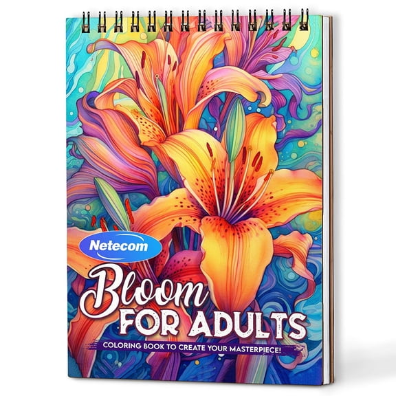 Netecom Bloom Coloring Book Spiral Bound For Adults, A5 Wooden Cover, 30 Beautiful Coloring Pages of Flourishing Flowers for Stress Relief and Relaxation