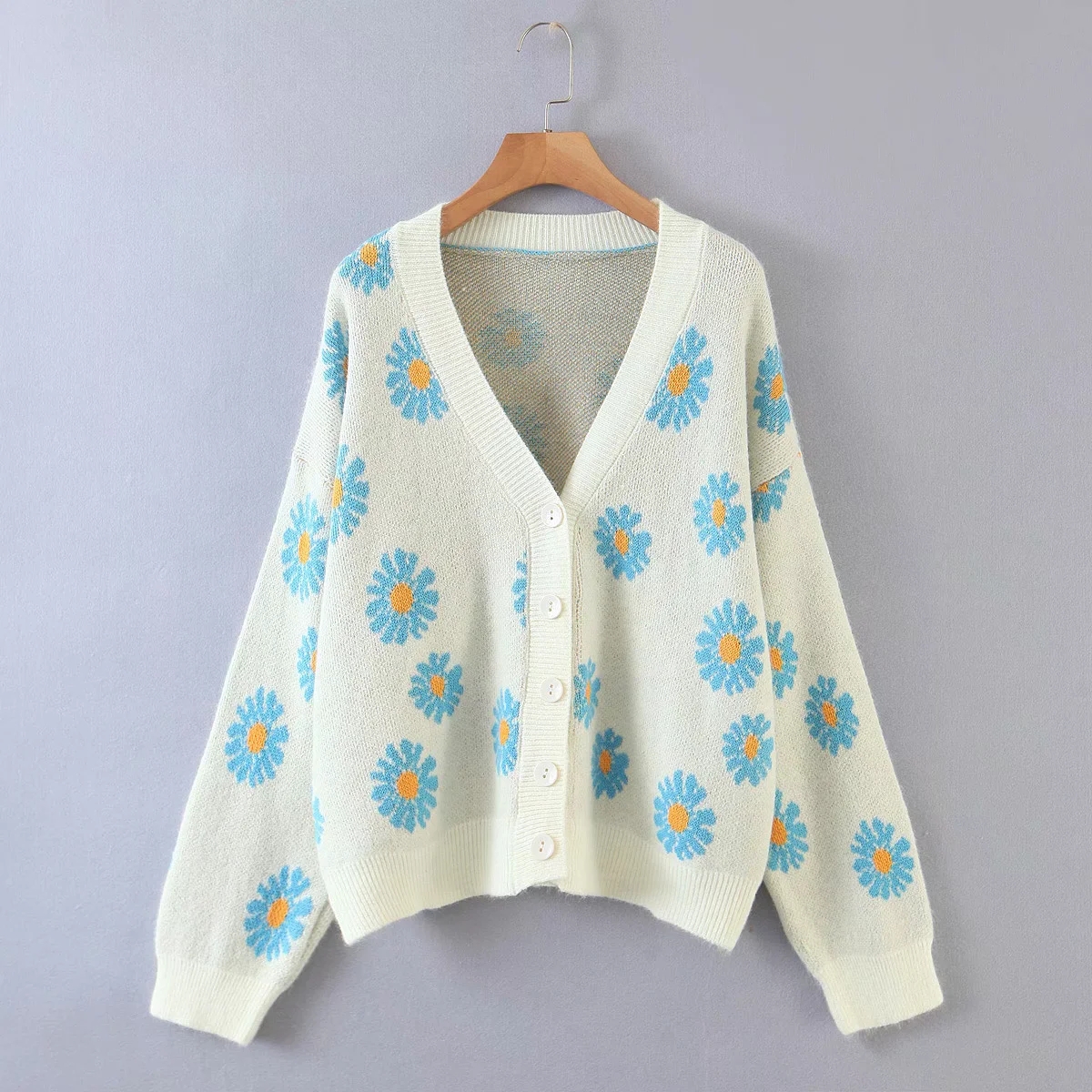 Women's Floral Print Cardigan Sweater - V-Neck Long Sleeve Knit Button Front, Blue Green One Size - View #12