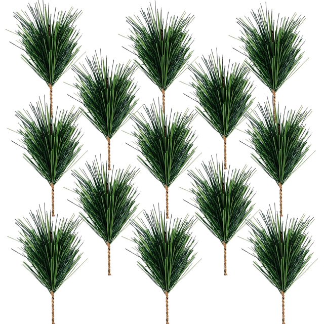 Ramas de agujas de pino verde artificiales - Tallos de ramitas de pino pequeñas - Palillos de pino con vegetación falsa para guirnaldas navideñas, adornos y decoración del jardín del hogar