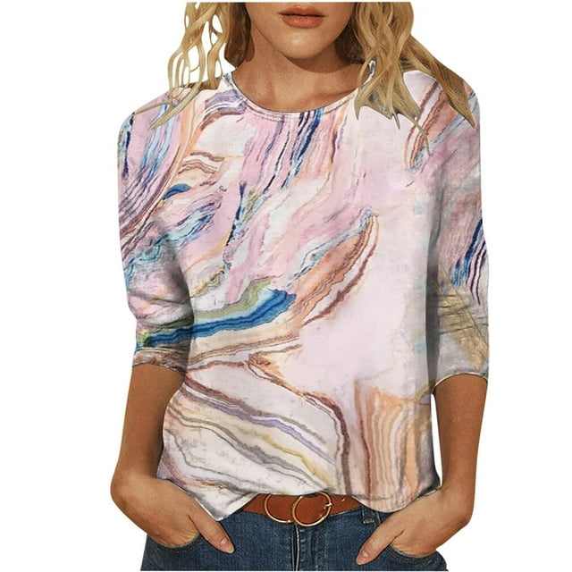 CHOK Ichuanyi Hauts pour Femmes Liquidation d'Été T-shirt Imprimé Mode pour Femmes Blouse Mi-Longue Manches 3/4 Col Rond Hauts Décontractés