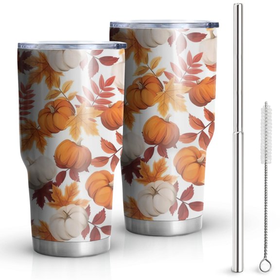 30oz Fall Pumpkins Leaves Pattern Tumblers Stainless Steel Tumbler with Lid and Straw,Vacuum Insulated Double Wall Travel Tumbler Cups Mug with Cleaning Brush for Coffee,Tea