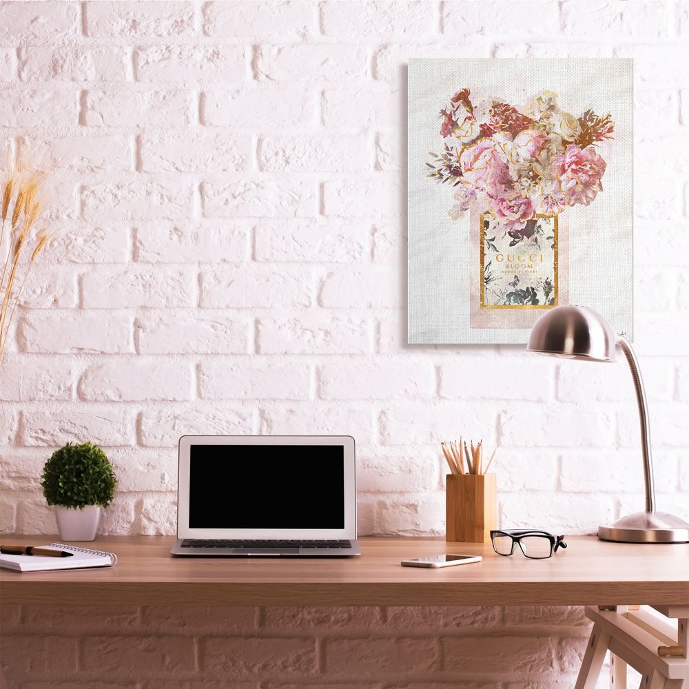 Stupell Industries Floral Bouquet Fashion Style Shopping Bag Pink White Gold Canvas Wall Art Design by Ziwei Li, 30" x 40"