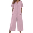 thumbnail image 3 of Linen Capri Set Women 2 Piece Outfits V Notch Short Sleeve Button Down Shirts Summer Flowy Crop Wide Leg Pants Sets, L, 3 of 7