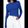 thumbnail image 1 of Camiseta de Larga con Cuello Redondo y Espalda Abierta para Mujer, Estilo Y2K, Estilo Retro Informal de Color Liso Azul Real L, 1 of 10
