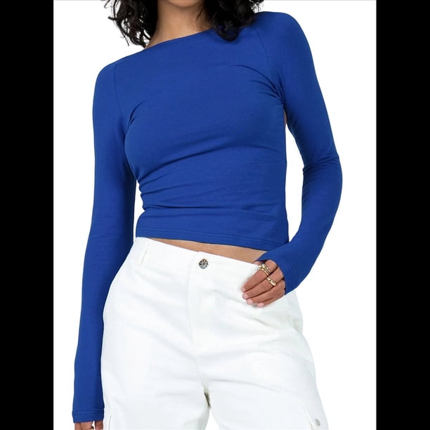 Camiseta de Larga con Cuello Redondo y Espalda Abierta para Mujer, Estilo Y2K, Estilo Retro Informal de Color Liso Azul Real L