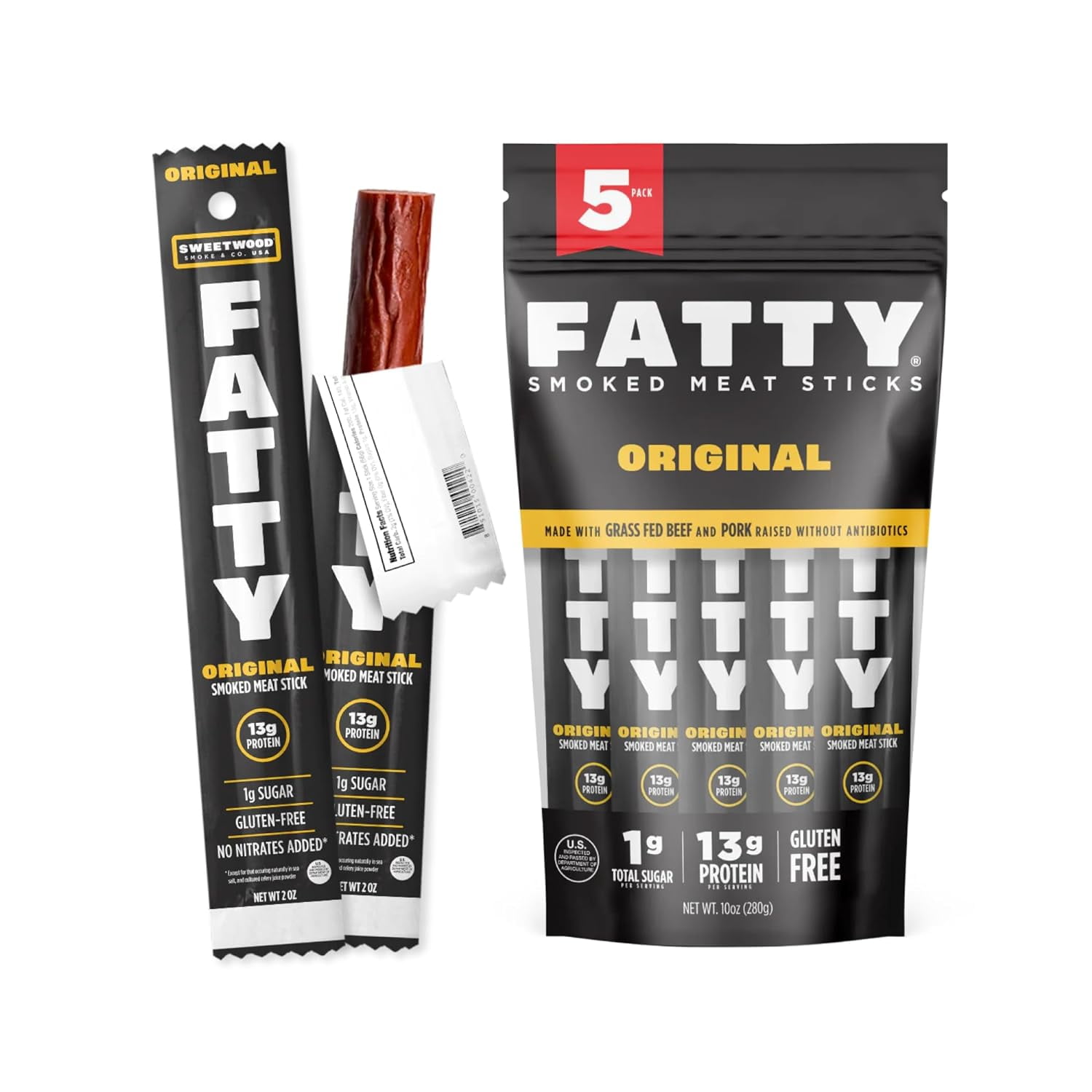 FATTY Meat Sticks, Pork Raised Without Antibiotics, Grass-Fed Beef, 13g Protein Per Stick, Original, 2 oz. (Pack of 5)