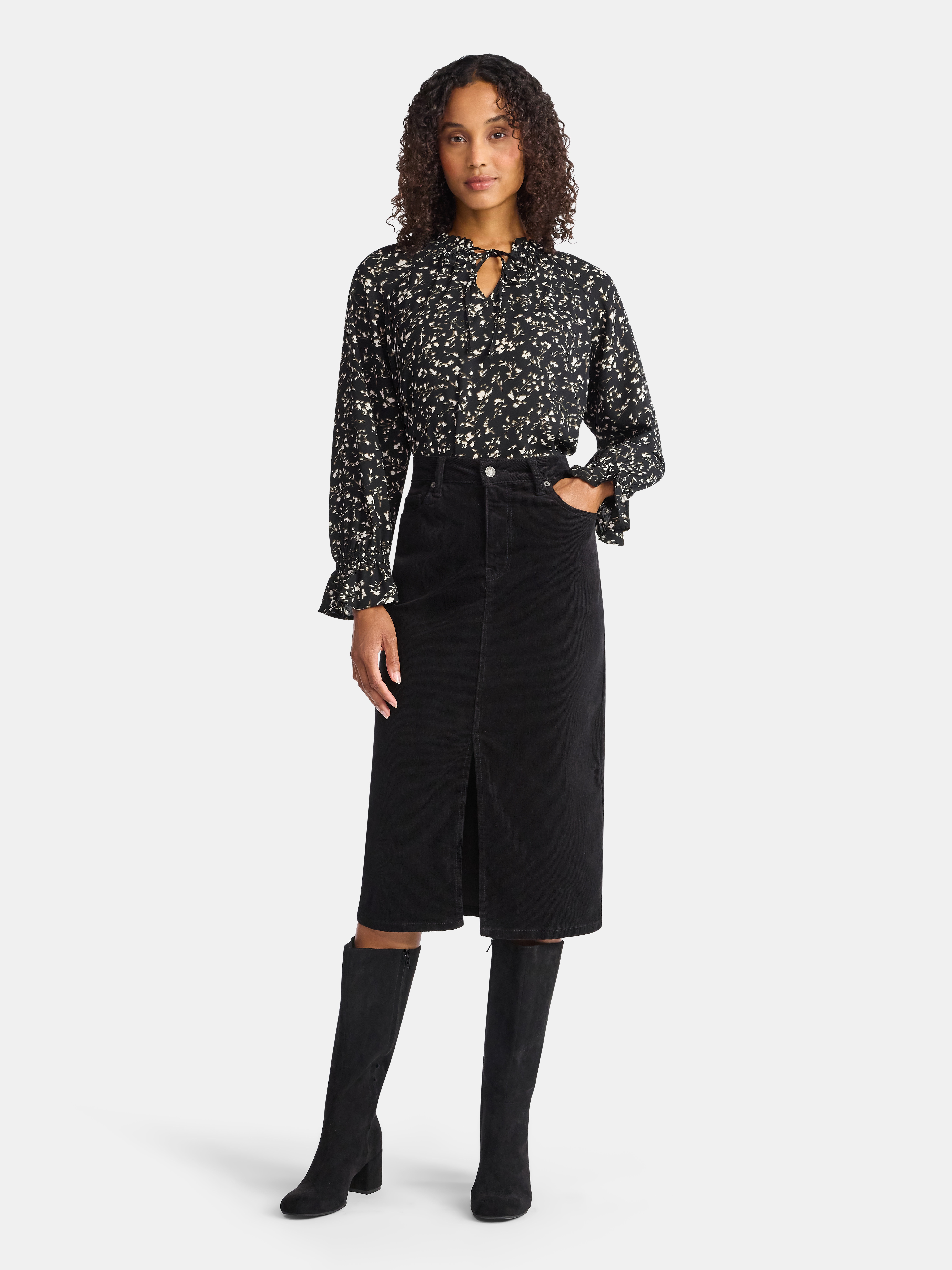 Time and Tru Women's Ruffle Neck Blouse with Long Sleeves, Size XS – XXXL