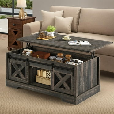 Dextrus Farmhouse Lift Top Coffee Table with Storage & Sliding Door, Rustic Center Table for Living Room, Rustic Oak