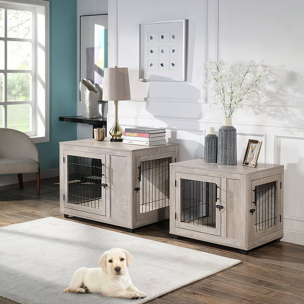 Unipaws Furniture Style Dog Crate, Wooden Wire Pet Kennels with Double Doors, Dog House Indoor