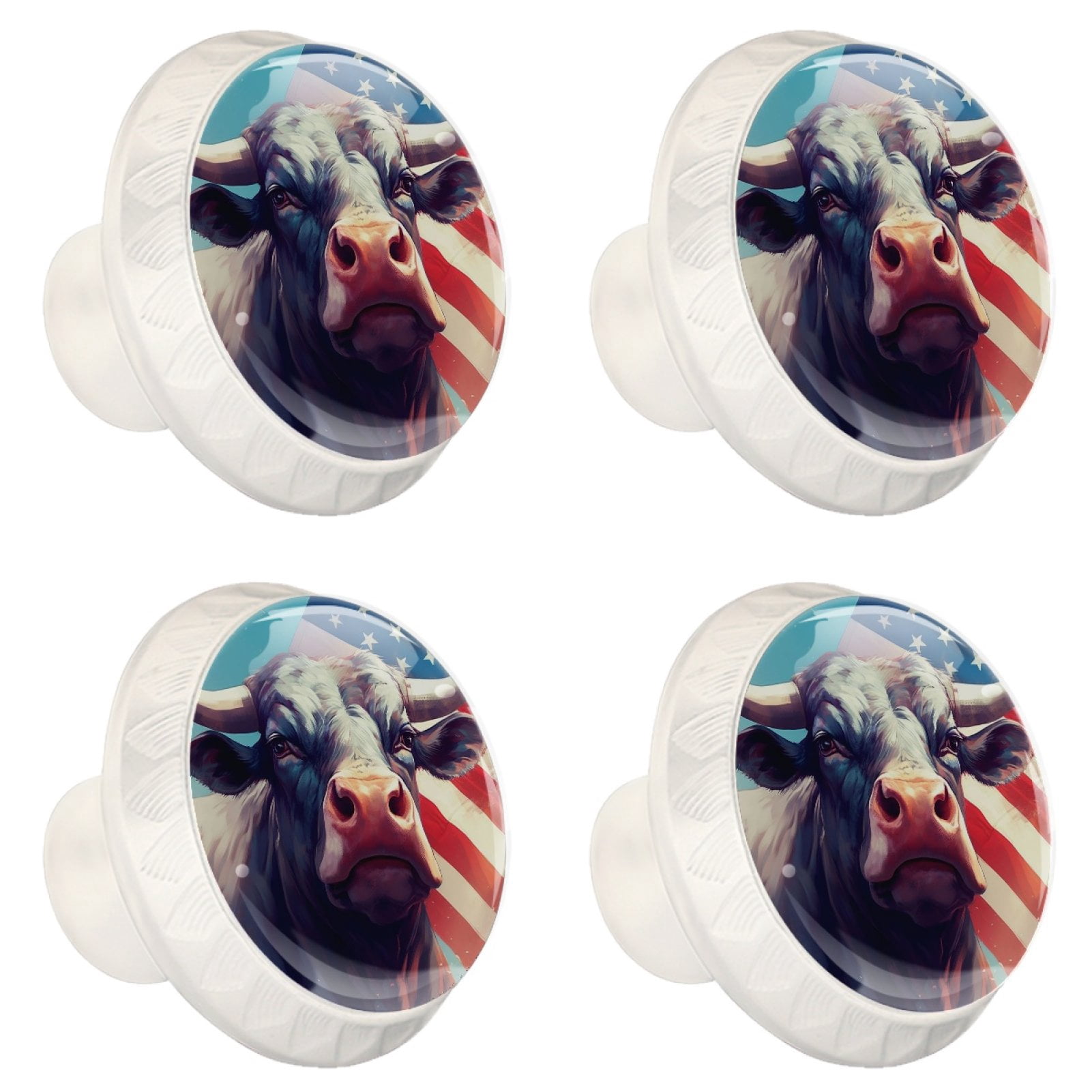 4 Pcs Cow American Flag Knobs for Kitchen Cabinet Cupboard Dresser Bookcase Drawer Pulls Handles Round Home Decor
