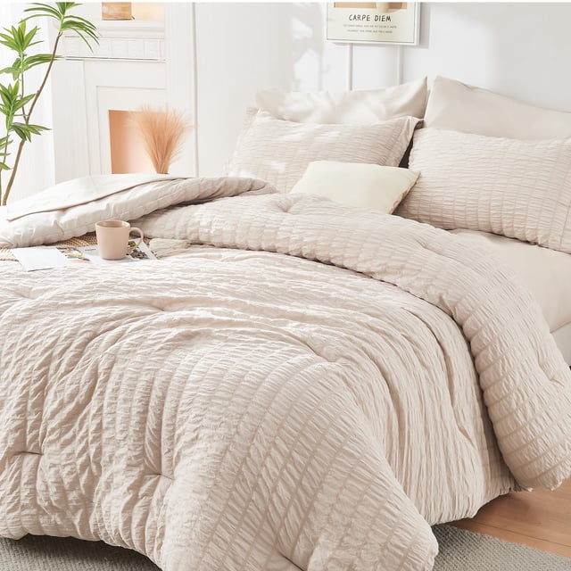 Juego de edredón HYMOKEGE Beige Queen de 7 piezas Seersucker