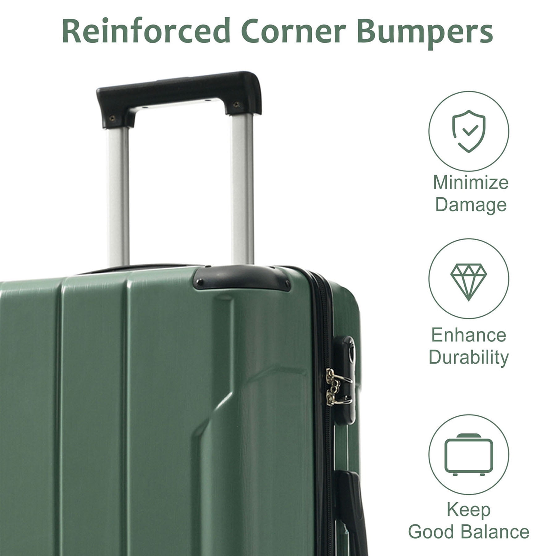S-HOME 3 Piece Hard Shell Luggage Sets in Lightweight ABS with Double Spinner Wheels 20 24 28 Inch for Travel, Green