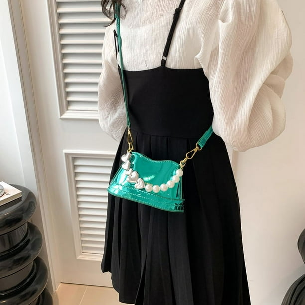 Y2K Bolso tipo cubo con perlas de imitación metálicas para mujer Bolsos cruzados con correa para el hombro (verde)