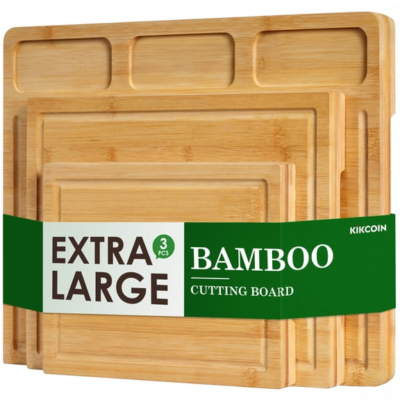Kikcoin Bamboo Cutting Board Set of 3, Multi-Size Reversible Kitchen Boards with Juice Grooves, Heavy Duty Charcuterie Serving Board for Meat, Vegetables, Fruit & Cheese