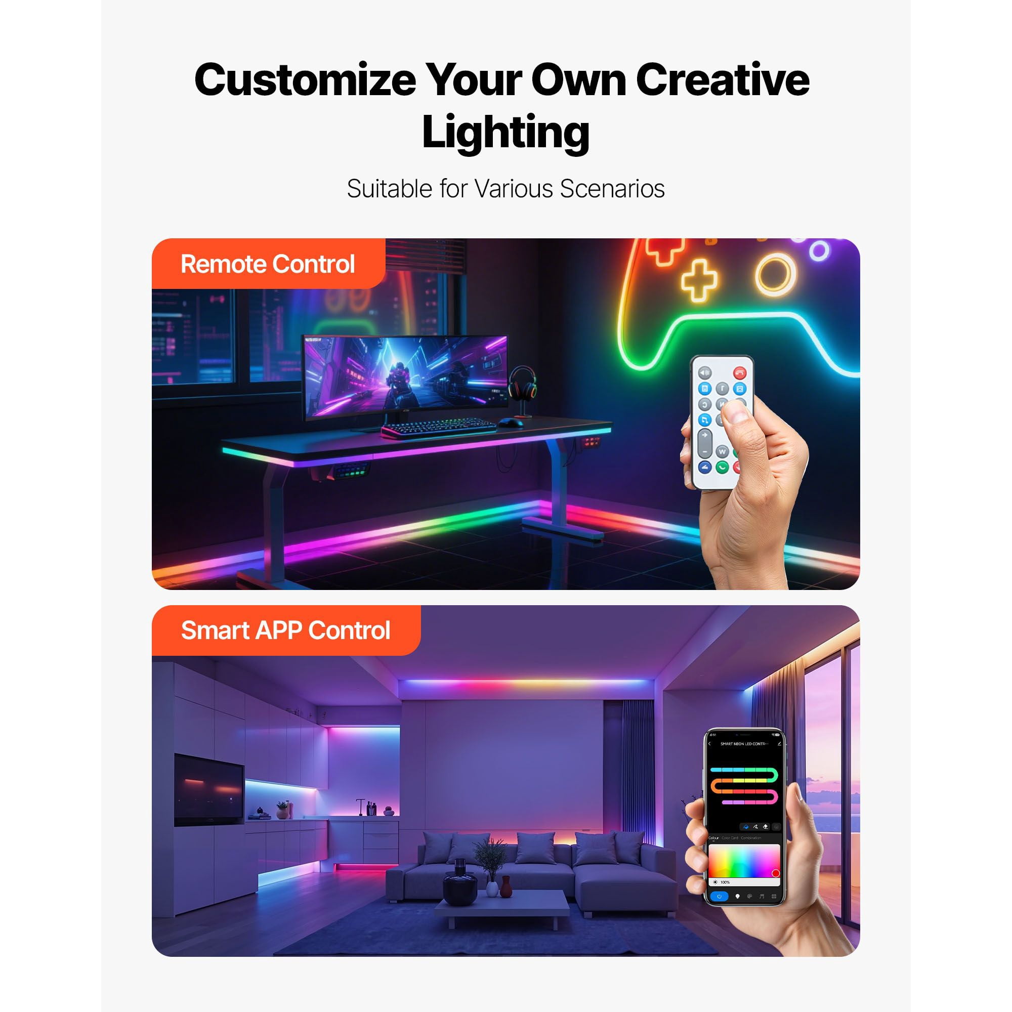 RGB-IC Neon Rope Light 16.4ft, 72 LEDs/m with 20 Controllable Segments, Music Sync Mode, Alexa and Google Assistant Compatible, IP65, Flexible PVC for Bedroom Decor