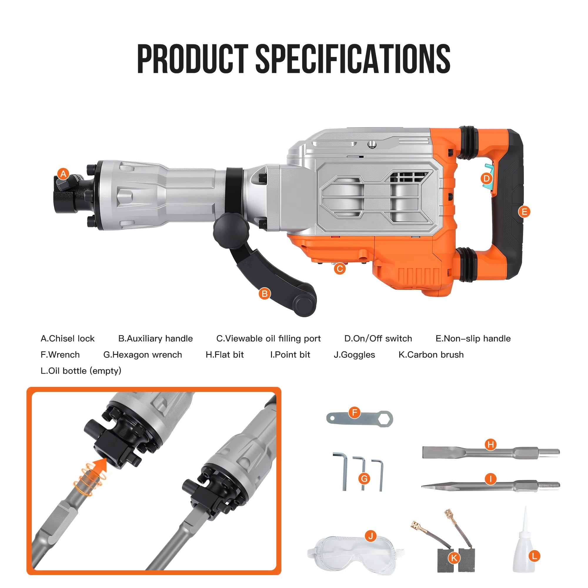 Electric Demolition Jackhammer 1700W, 60J Impact Energy Concrete Breaker 1900 BPM with Anti-Vibration System, Adjustable Handle, Safety Clutch, 2 Chisels & Carrying Case