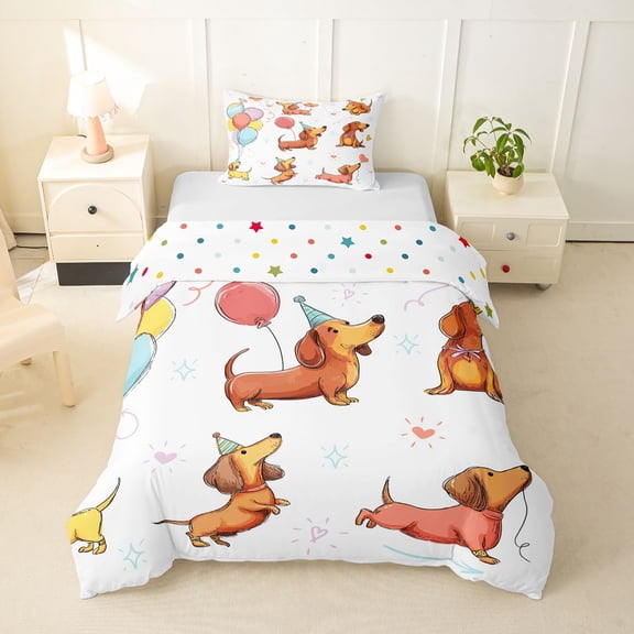Homewish Dachshund Animal Twin Duvet Cover,Colorful Balloon Heart Twin Bedding,Polkadot Reversible,2-Piece,1 Duvet Cover and 1 Pillowcase