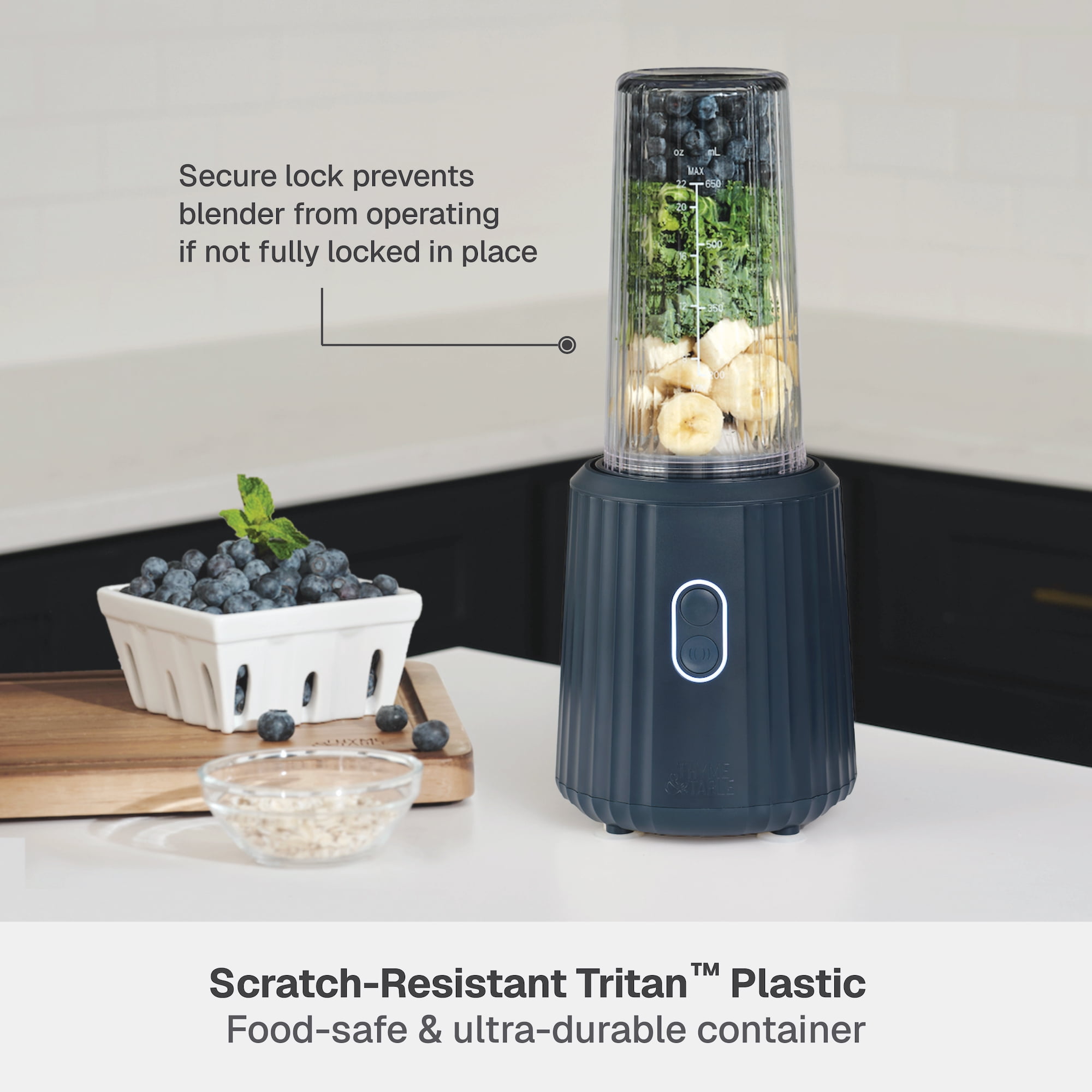 Thyme & Table 900 W 25 oz Single Serve Blender with Tritan Vessel, Smart Seal Lid and Straw, 6-Point Stainless Steel Blade, Atlantic Blue