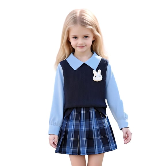 Girl's 2 Piece Outfit Long Sleeve Patchwork Knitted Shirt Plaid Pleated Skirt Set Kids School Uniform Outfit 4-8Y