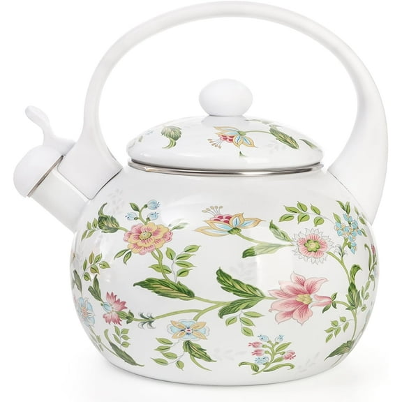 2.3 Quart Vintage Enamel Tea Kettle Whistling for Stove Top Floral on Steel Home