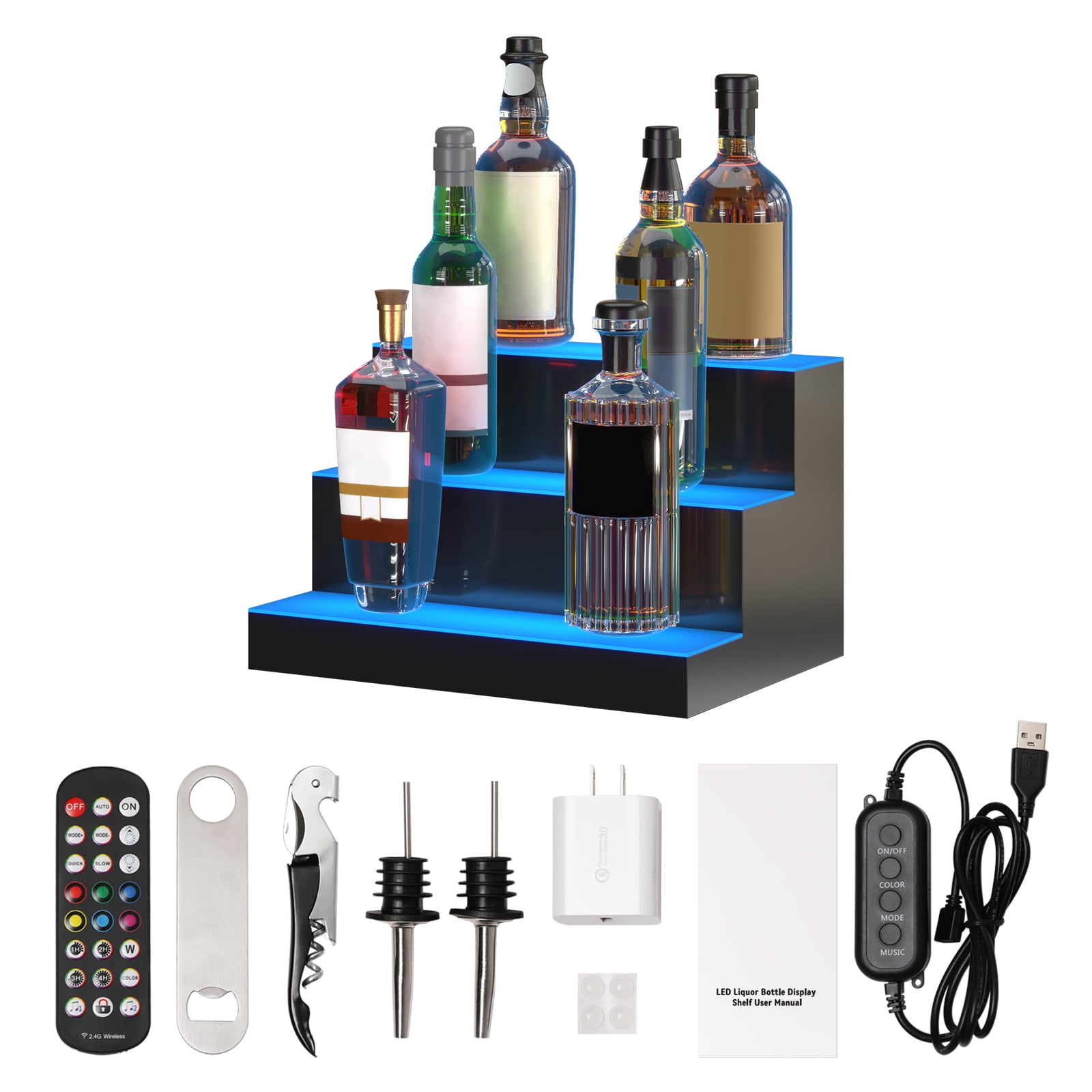 VEVOR LED Lighted Liquor Bottle Display Bar Shelf RF & App 16" 3-Step - Walmart.com