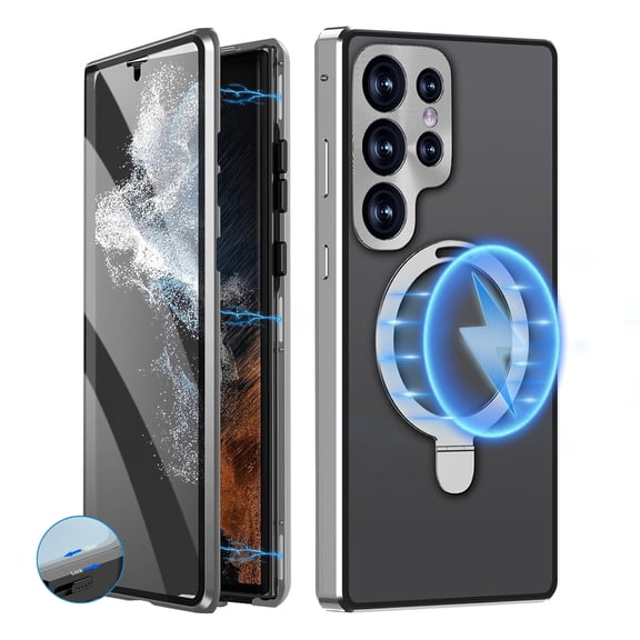 New for Samsung Galaxy S21 Ultra Case with Built-in Screen Protector, Magnetic Adsorption Metal Bumper with Safety Lock 360 Full Body Shockproof Mag Safe Stand Glass Cover,Silver