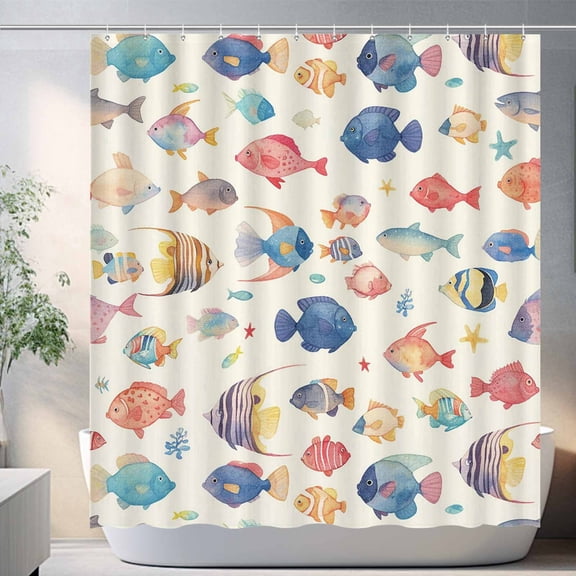 Watercolor Tropical Fish Sea Life Colorful Fabric Shower Curtain with Plastic Hooks 72x72 Inch Funny Ocean Fishes Boho Multicolor Bath Curtain Bohemian Coastal Marine Theme Bath Decor