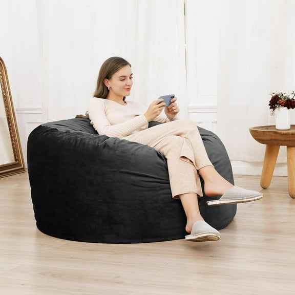 AOILE Bean Bag Chair, 4FT Giant Foam-Filled Bean Bag for Adults & Teens, Velvet Cover, Removable, Soft Round Sofa Chair for Living Room