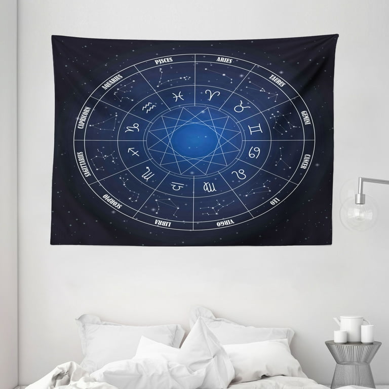Astrology Tapestry Zodiac Horoscope Chart in Wheel Shape with Dates in Space Dots Image Wall Hanging for Bedroom Living Room Dorm Decor 80W X 60L