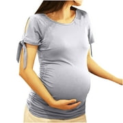 XZNGL Short Sleeve Side Ruched Pregnancy Top Side Tie Bow Women Maternity Shirt