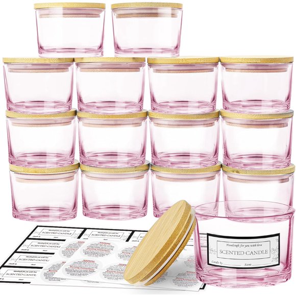 CONNOO 15 Pack 4 OZ Pink Glass Candle Jars with Airtight Bamboo Lids for Making Candles, Bulk Small Wide Mouth Empty Candle Containers with Sticky Warning Labels - Dishwasher Safe