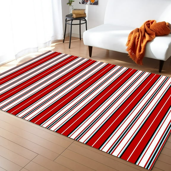 Striped Area Rug 5'x7' Red White Stripes Texture Washable Area Rugs Non Shedding Floor Carpet Rubber Backing Non-Slip Indoor Mats for Living Room Bedroom Kitchen