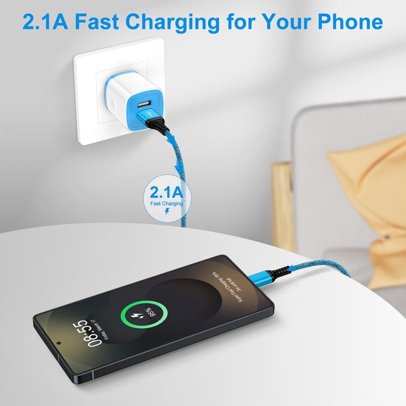 2.1A Dual-Port Fast Wall Charger Block, Phone Charger with 2Pcs 10FT Cables, Power Adapter Compatible with iPhone 17/16/15 Pro Max iPad Pro Galaxy S26 Android,Blue