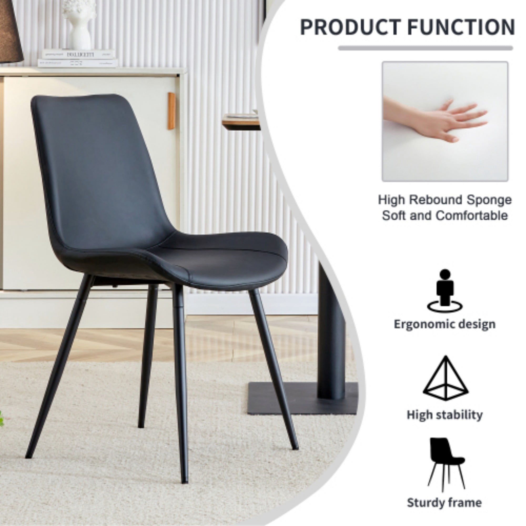 SUDICA Black Faux Leather Dining Chairs Set of 6 with Metal Legs and Wide Seats for Home